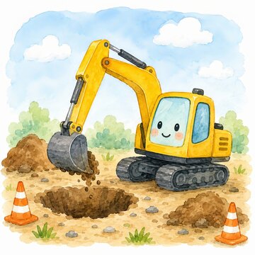 Cute yellow excavator character digging dirt watercolor illustration