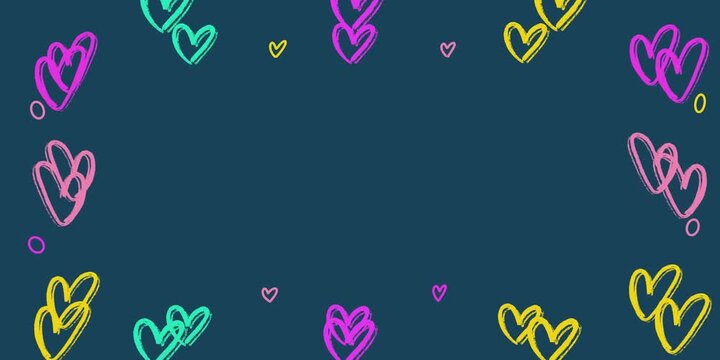 Animated hand drawn colorful heart frame with floating doodle hearts on dark blue background, looping vector border template for love, Valentine, or romantic videos.