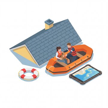 Flood rescue operation with dog in isometric boat