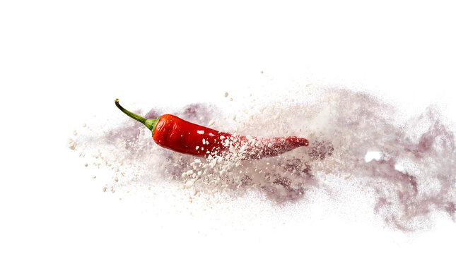 Red chili pepper with flying salt splash isolated on white background
