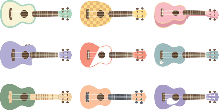 Colorful pastel cute ukulele musical instrument vector illustration collection isolated on a white background.