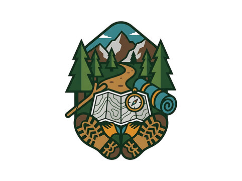 Camping and hiking adventure gear with trail map compass hiking boots backpack mountain landscape pine trees summer camp adventure outdoors mountains backpack