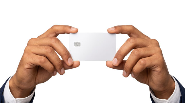 Credit card blank white plastic mockup gripped by two hands with chip for banking payment technology PNG, Transparent Background