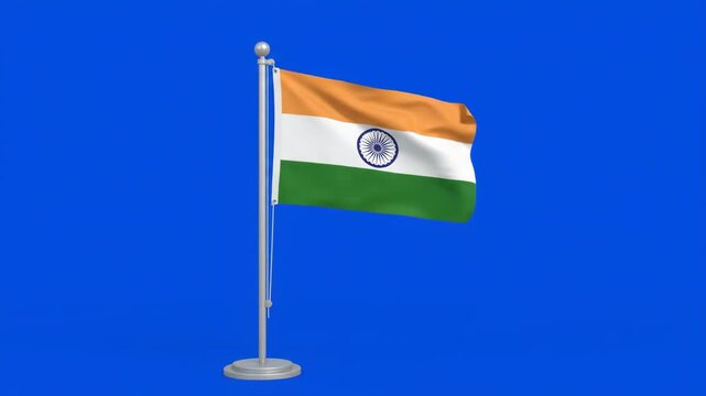 Waving Indian national flag on a flagpole against a vibrant blue background, symbolizing patriotism and national pride.