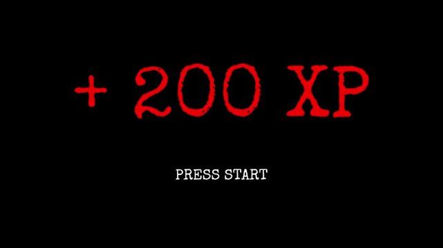 Retro 8-Bit Video Game Screen Showing Plus 200 XP and Press Start. 4K Video