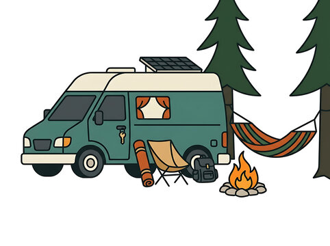 Camping van parked between pine trees with a hammock campfire and outdoor gear illustration camper van camping trip adventure travel van life forest camping