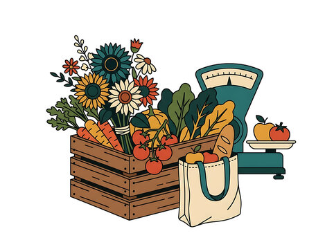 Wooden crate filled with fresh vegetables flowers a grocery scale vegetables agriculture tomatoes sunflowers equipment nutrition container