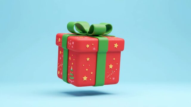 A festive 3D animated red gift box with a green ribbon and stars, gently floating on a blue background.