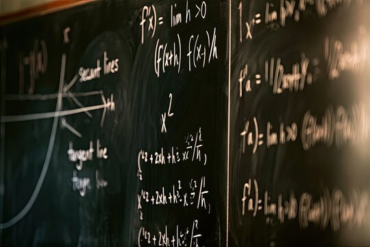Chalkboard filled with complex mathematical equations, graphs, and diagrams