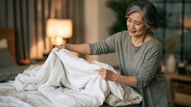 Senior Asian woman doing her morning routine, making up her bed at home. Let's get the day started