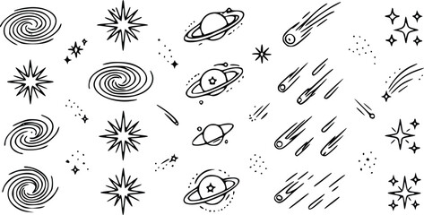 Hand drawn vector illustration featuring celestial elements like rotating galaxies, ringed planets, shooting comets and sparkling stars on white © Arun