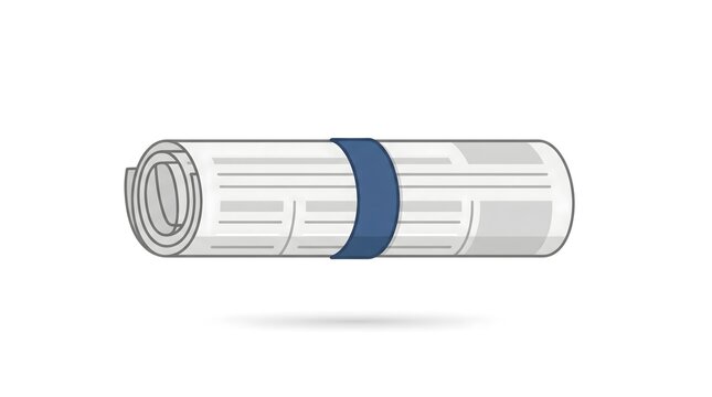 Rolled newspaper with rubber band, flat vector illustration
