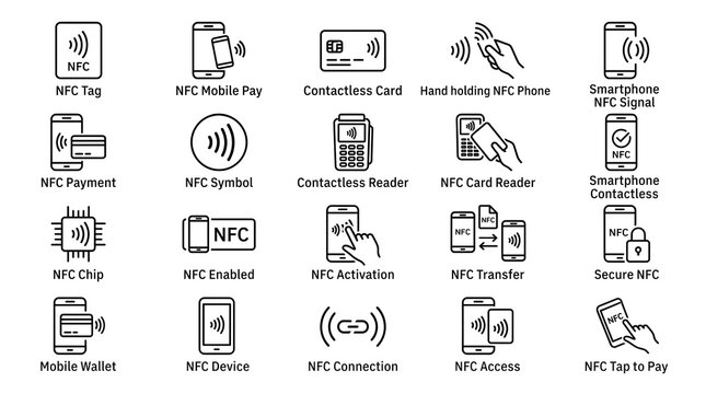 NFC contactless icons set for tap to pay and wireless transfer