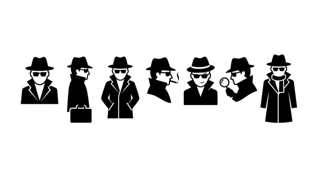 Spy hat and glasses icons set, anonymous privacy silhouettes
