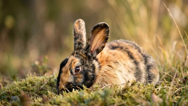 harlequin rabbit close up at morning light in french countryside video