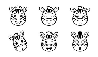 Obraz premium Cute hand drawn collection of zebra faces with different hairstyles, expressions and playful cartoon character designs