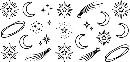 Celestial vector illustration set featuring hand drawn cosmic elements like glowing stars, crescent moons, shooting comets and orbiting ring planets © Arun