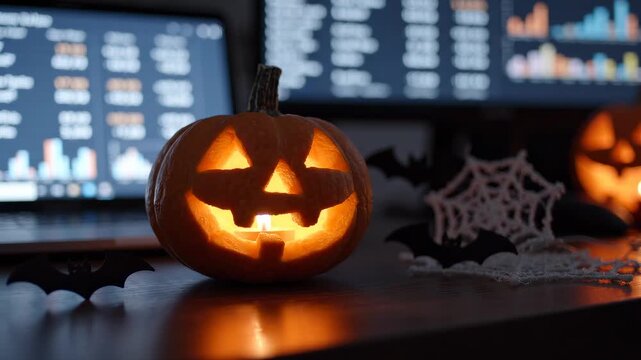 A glowing Halloween pumpkin with spooky decorations on an office desk. Blurred computer screens display data.