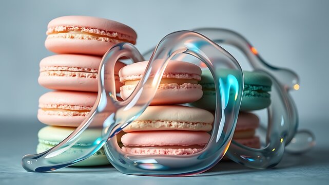 A stack of pastel pink and green macarons next to a swirling transparent glass sculpture on a light blue surface with soft studio lighting