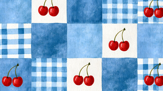 Cherry Pattern: A charming textile pattern featuring vibrant red cherries interspersed with blue gingham and textured squares, evoking a rustic, summery feel.
