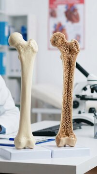 Skeletal health comparison: bone structure, dense material, porous defect, show osteoporosis, normal anatomy, human femur, medical problem, illustrate degeneration, fragile system, mineral loss.