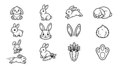 Fototapeta premium Cute hand drawn collection of rabbits and bunny characters in different playful poses and expressions