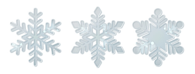 Naklejka premium Realistic 3D snowflake crystal with translucent ice texture and frosty details, isolated on white background for winter holiday designs and festive decorations.