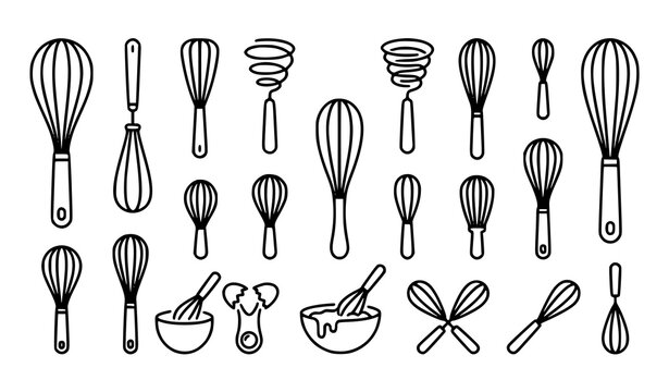 Hand drawn collection of kitchen whisks and cooking utensils in different shapes and sizes