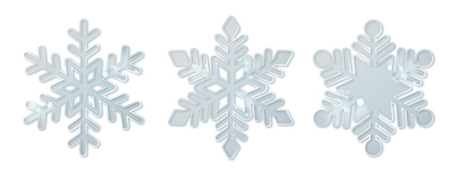 Realistic 3D snowflake crystal with translucent ice texture and frosty details, isolated on white background for winter holiday designs and festive decorations.