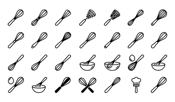 Hand drawn collection of kitchen utensils including spoons, whisks and assorted cooking tools