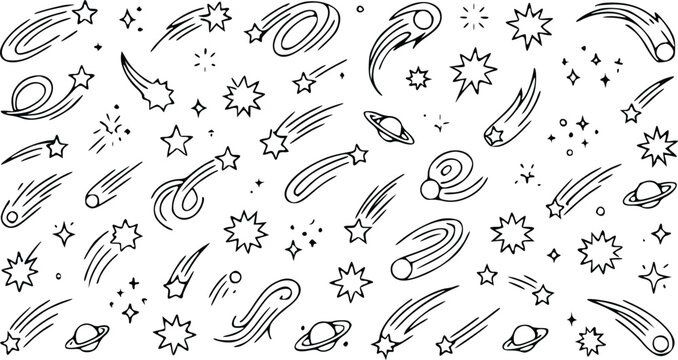 Hand drawn doodle vector illustration featuring many sparkling stars, orbiting planets and fast moving comets in clean black ink lines.