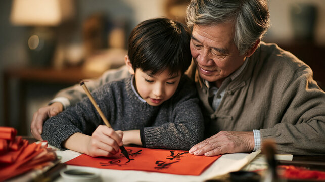 Grandfather practising Chinese calligraphy for Chinese New Year Fai Chun (Auspicious Messages) and teaching his grandson by writing it on a piece of red paper