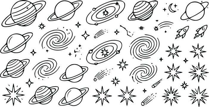 Hand drawn space vector illustration featuring monochrome doodle planets galaxies rockets and bright twinkling stars on a clean white background