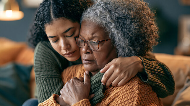 A daughter embraces her elderly mother who is feeling unwell. Holding her mother's hand giving support and consoling her while sitting on sofa in the living room at home