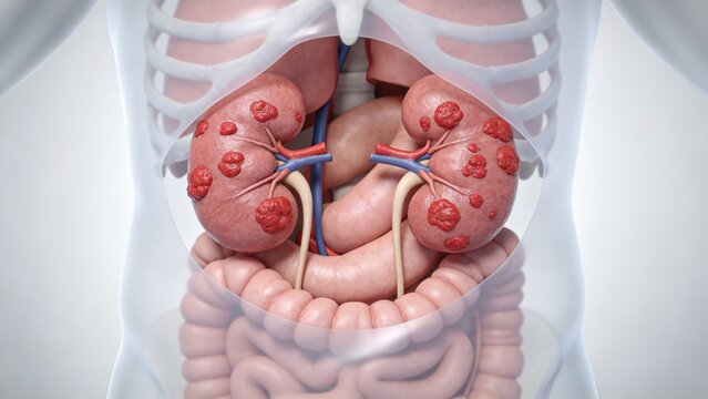 Kidney Cancer: Malignant Neoplasm Lesion of Human Renal Organ, 3D Medical Anatomical Illustration of Human Kidney