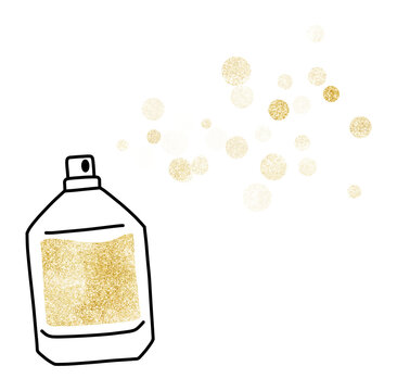 Golden perfume bottle with sparkling bubbles. Magical fragrance spray