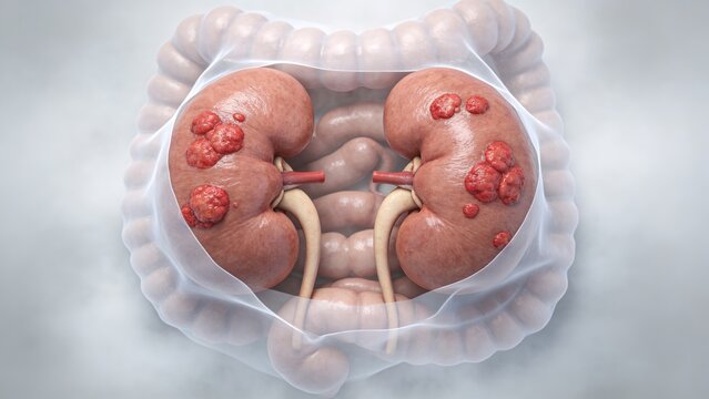 Kidney Cancer: Malignant Neoplasm Lesion of Human Renal Organ, 3D Medical Anatomical Illustration of Human Kidney