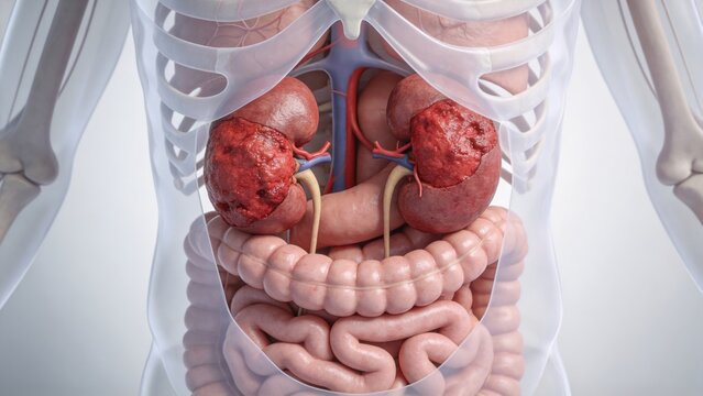 Kidney Cancer: Malignant Neoplasm Lesion of Human Renal Organ, 3D Medical Anatomical Illustration of Human Kidney