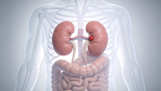 Kidney Cancer: Malignant Neoplasm Lesion of Human Renal Organ, 3D Medical Anatomical Illustration of Human Kidney