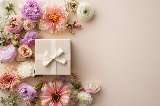 Gift box and flowers top view empty copy space background. Mother's day backdrop. Valentine's card.  .Women's day.Birthday   