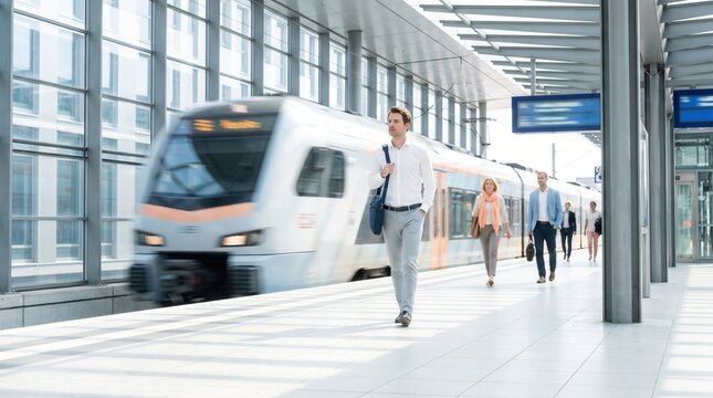 Business professionals walking along the platform at the commuter station while a train arrives to pick up passengers heading to work in the city center during the early morning rush hour period