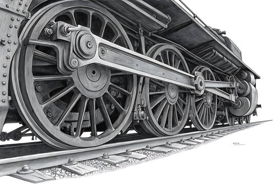 Close-up of vintage steam locomotive wheels on tracks