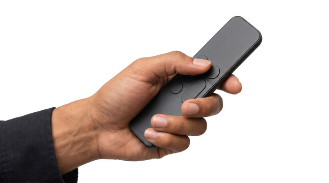 Matte black remote control gripped sideways in hand revealing button layout for streaming device technology advertising in PNG, Transparent Background