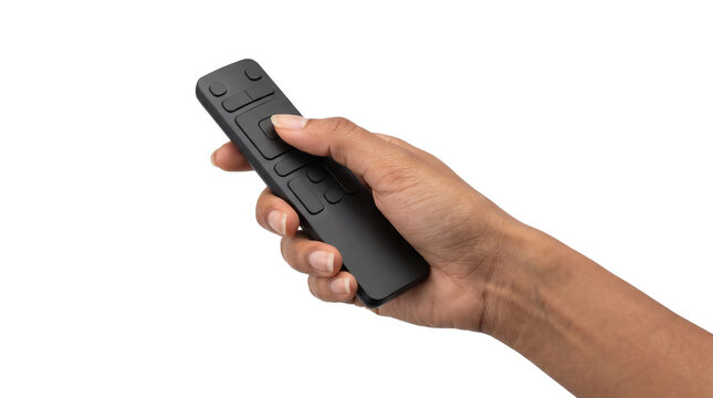 Black television remote control held in hand showing navigation buttons and ergonomic design for smart home technology in PNG, Transparent Background