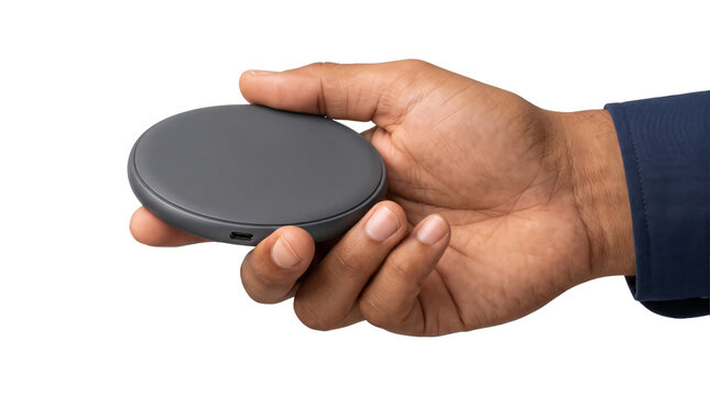 Round wireless charging pad held in hand showing USB port and matte gray finish for mobile charging technology in PNG, Transparent Background