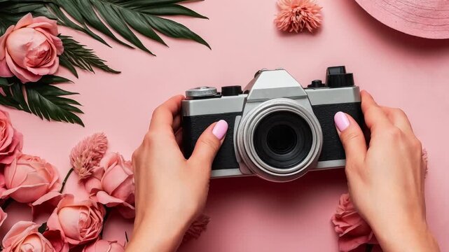 Still life summer tropical flat lay with attributes of vacation weekend on sea ocean AI Generative