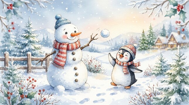 Cute snowman and happy penguin playing with a snowball in a snowy winter landscape