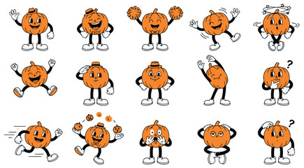 Obraz premium A collection of cute cartoon pumpkin characters showing various emotions and poses for a fun halloween holiday design project