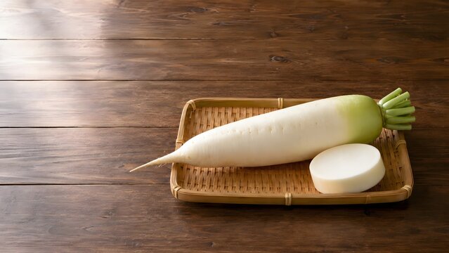 fresh japanese daikon radish with cut slice on a bamboo tray with copy space