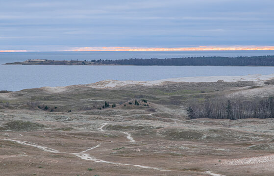 The delicate Parnidis Dune, 52 meters high above sea level, is a white drifting dune on the coast of the Curonian Spit, located near the Lithuania-Russia border, southeast of Nida, Klaipeda, Lithuania